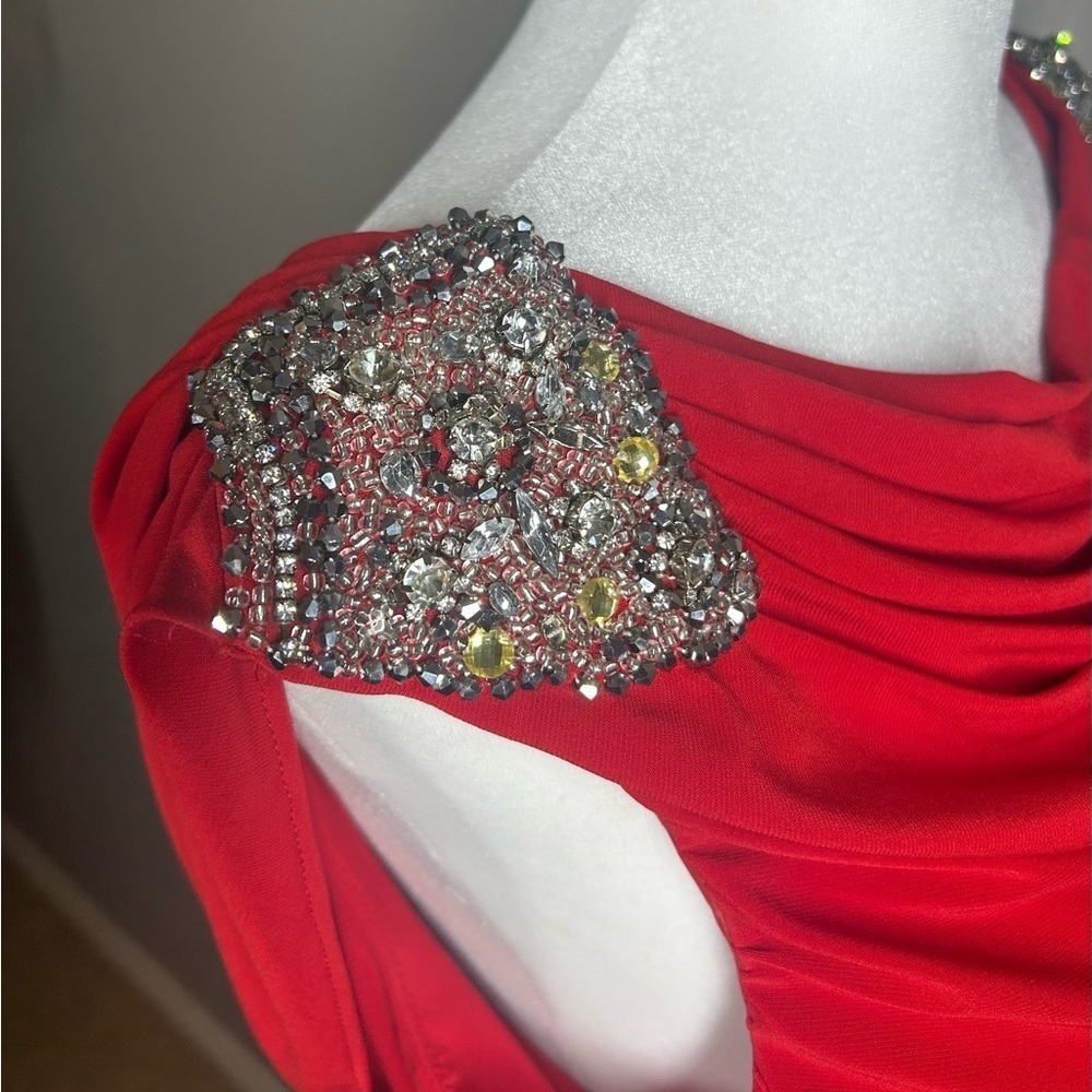 JS Boutique Red Rhinestone Embellished Ruched Cocktail Holiday Dress Size 12 - Picture 8 of 15